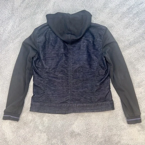 Armani Exchange Jacket Mens Large Black Denim Hooded Mixed Media Zip Snap Hybrid - Picture 3 of 8